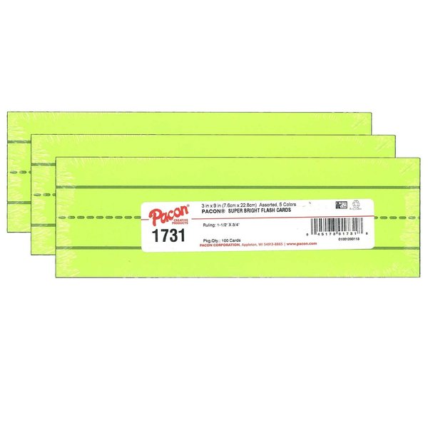 Pacon Super Bright Flash Cards, Assorted, Ruled, 3x9, 100 Cards/Pack, PK3 P1731